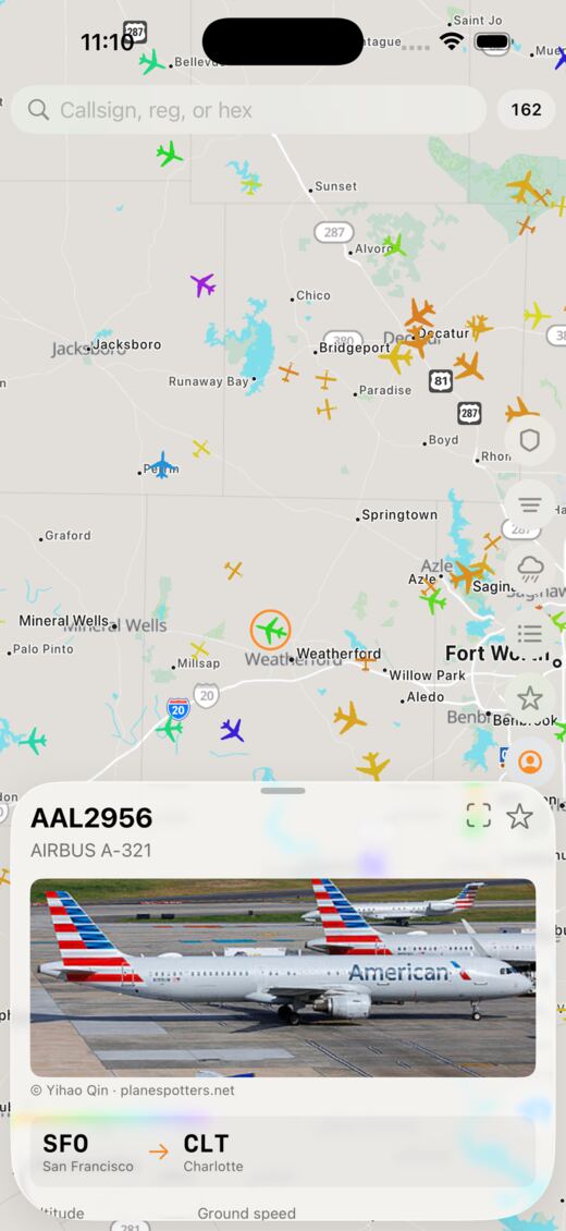 Detail sheet for AAL2956, an Airbus A-321, with a photograph and its San Francisco to Charlotte route.
