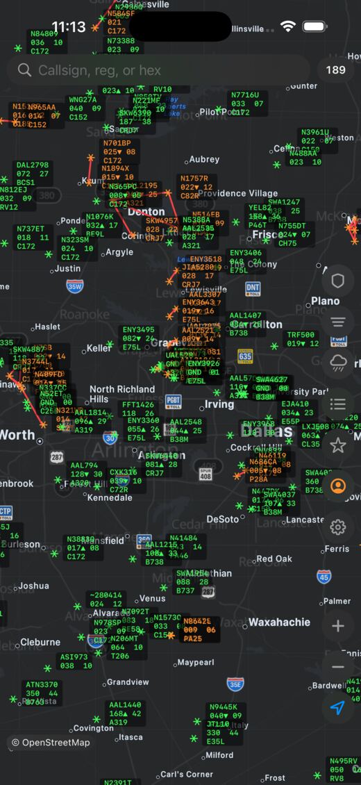 ATC scope mode: targets with data blocks showing callsign, flight level, speed and type.